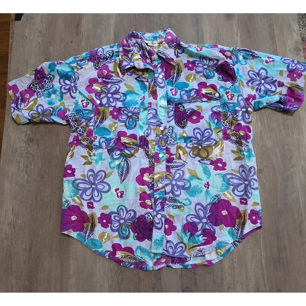 Bill Blass Multi Color Floral Print Retro Hawaiian Shirt Button Up Shirt Women M